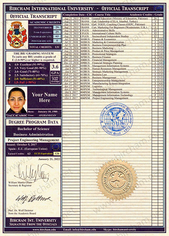 Transkript (Abschrift) Transkript (Abschrift) Bircham International University